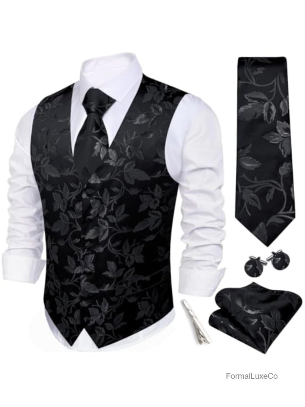 Mens Formal Floral Jacquard Silk Vest Tie Set 5 Piece Suit Waistcoat